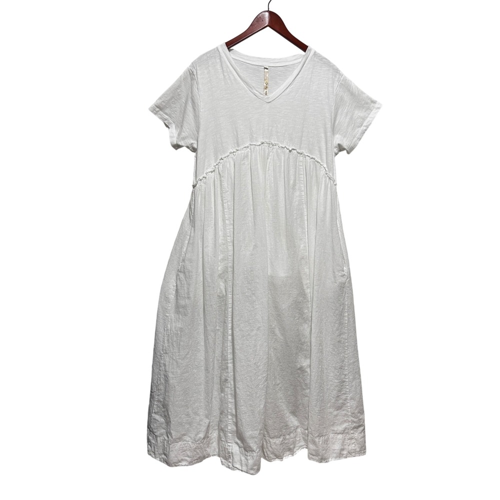 Uncle Frank Cottage Boho Babydoll Midi Dress S White Resort Slub Knit Pockets